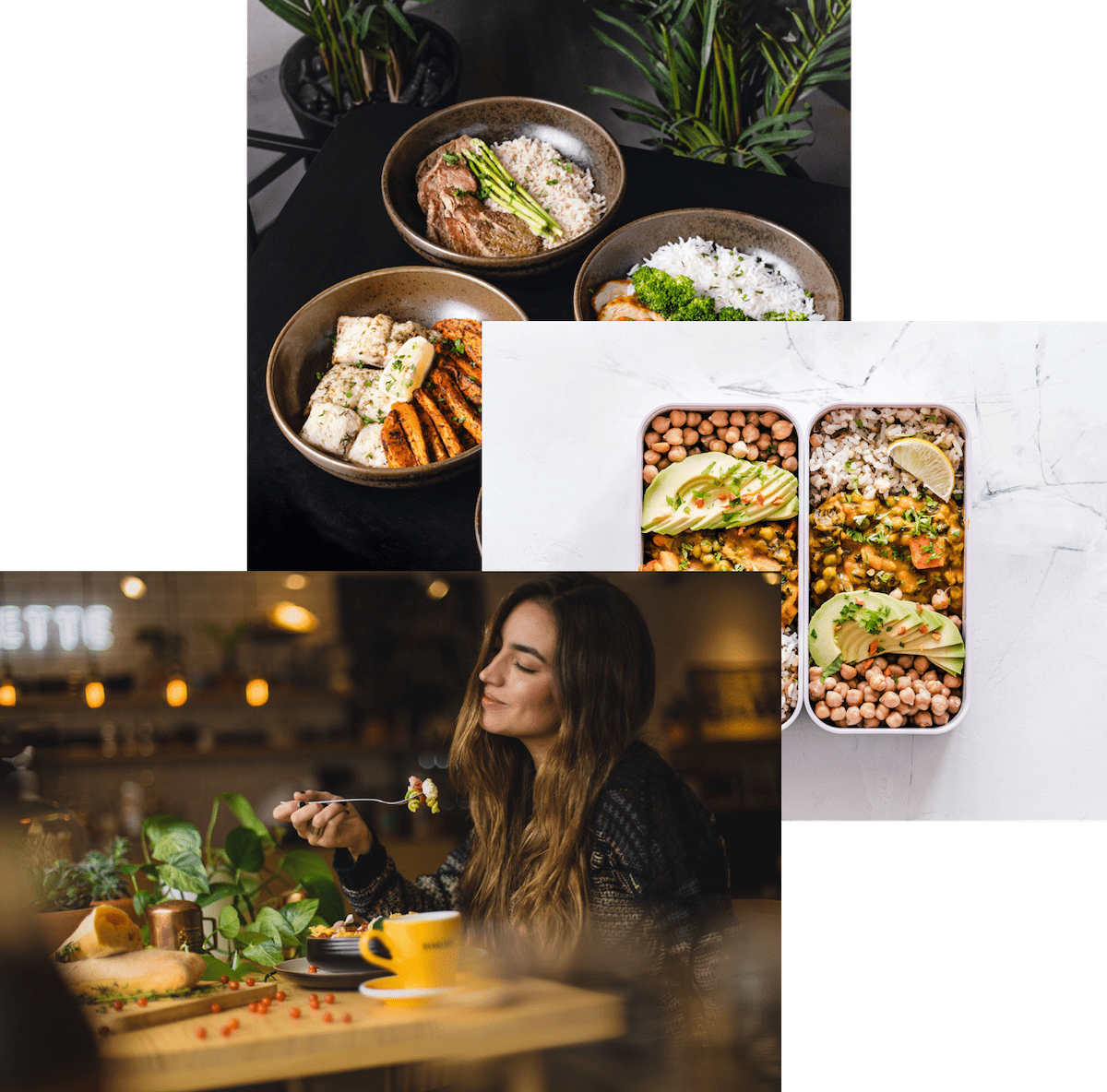 Woman enjoying food, meals, in storage container, and food bowls on a table